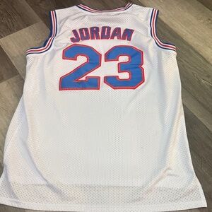 White Basketball Jersey with Blue and Red Accents Tune Squad sz Med